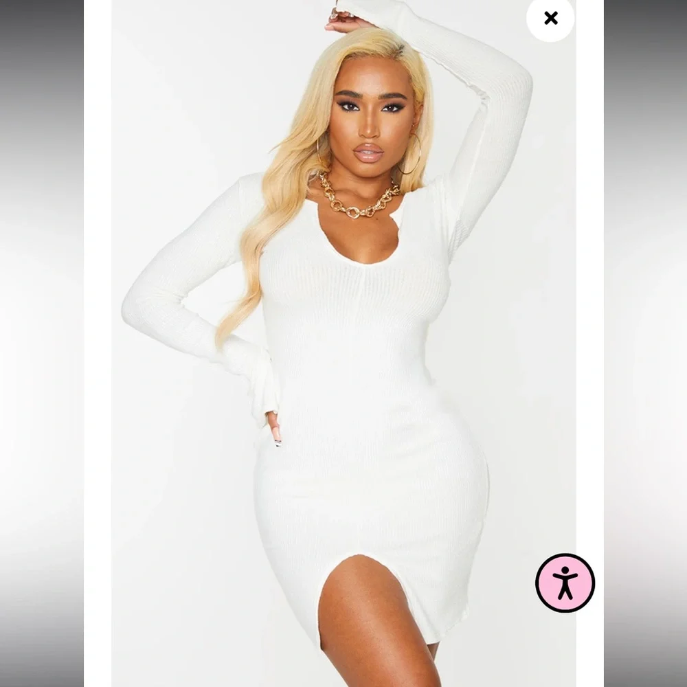 PrettyLittleThing Cream Brushed Rib Split Sleeve Mini Dress Size US4 NWT - Picture 2 of 12